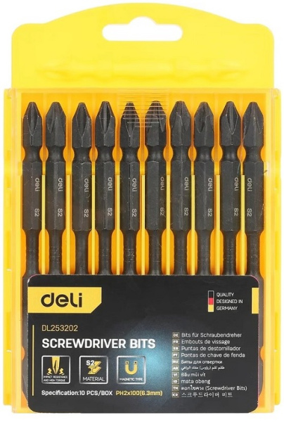 Изображение товара Комплект из 10 торсионных бит PH2 для ударных шуруповертов Deli DL253202