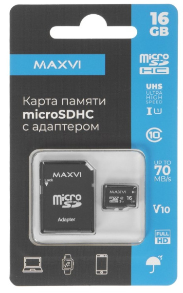 Изображение товара Карта памяти MicroSDHC 16GB MAXVI MSD16GBC10V10 для смартфонов и планшетов