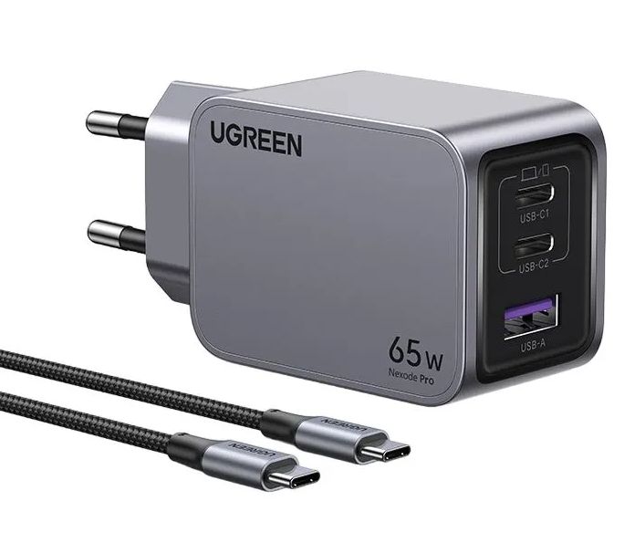 

Зарядное устройство сетевое UGREEN X755 25871 Nexode Pro 65W 3-Port GaN Fast Charger EU с кабелем 100W. Длина кабеля: 1м. Цвет: серый, X755
