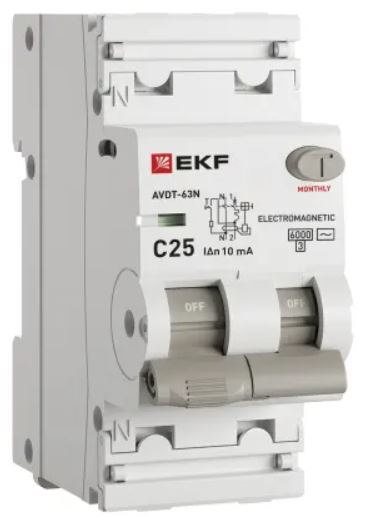 

Автомат дифференциальный EKF D63N26M25C10 АВДТ-63N 1P+N 25А (C) 10мА (AC) эл-мех 6кА PROXIMA, D63N26M25C10