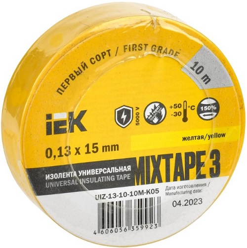 

Изолента IEK UIZ-13-10-10M-K05 MIXTAPE 3 0,13х15мм желтая 10м, UIZ-13-10-10M-K05