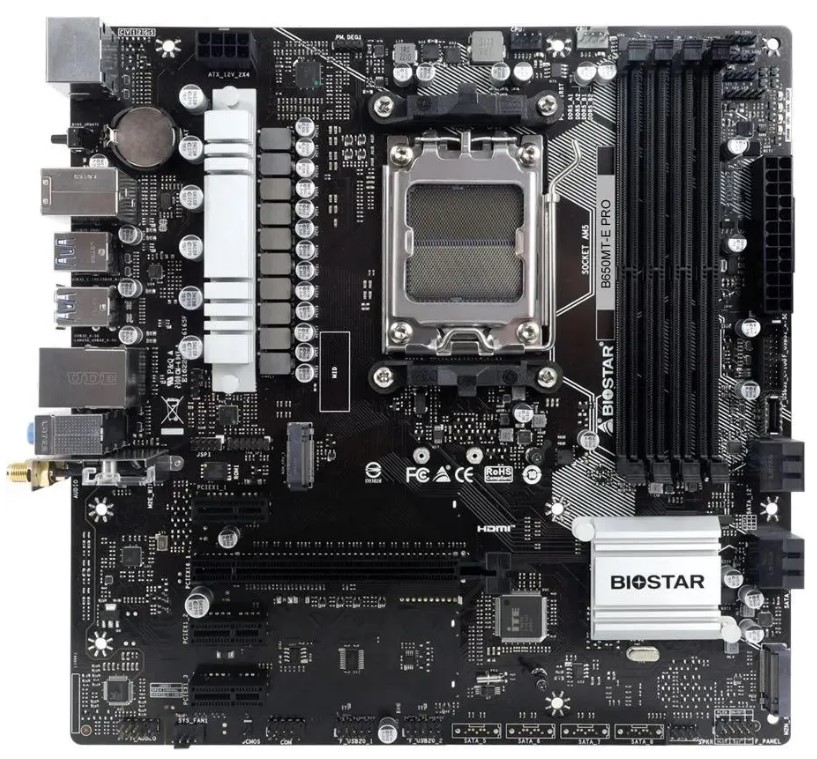 

Материнская плата mATX Biostar B650MT-E PRO (AM5, AMD B650, 4*DDR5 (5200), PCIe, 2*M.2, 4*SATA, 2*USB 2.0, 4*USB 3.0, USB Type-C, HDMI, DP), B650MT-E PRO