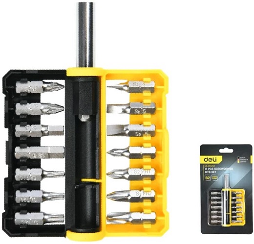 

Набор бит Deli DL251201 14 шт c держателем (SL4,SL5,SL6,PH0,PH1,PH2,PH3,T15,T20,T25,H5,H6,PZ1,PZ2), сталь S2, пласт.держатель, DL251201