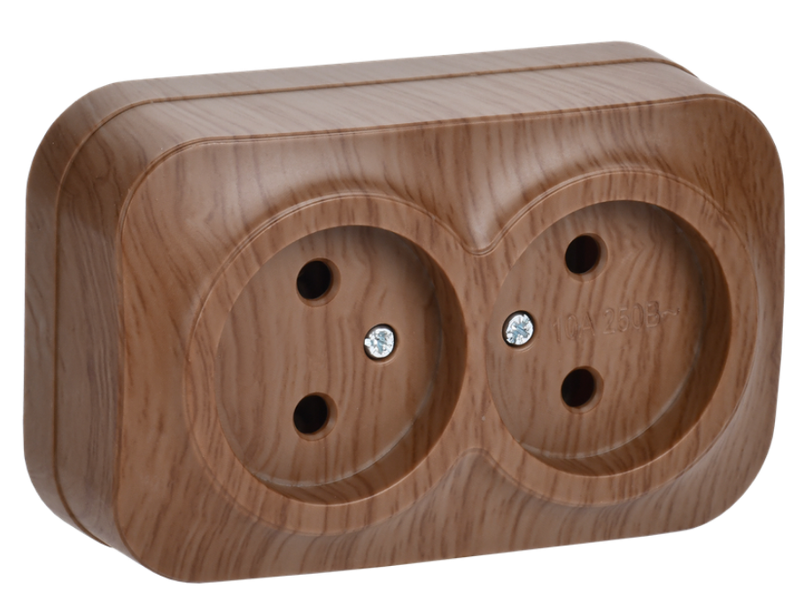 

Розетка двухместная без заземления IEK ERH20-K24-10 GLORY без защитных шторок открытой установки 10А РС22-2-ХД дуб, ERH20-K24-10