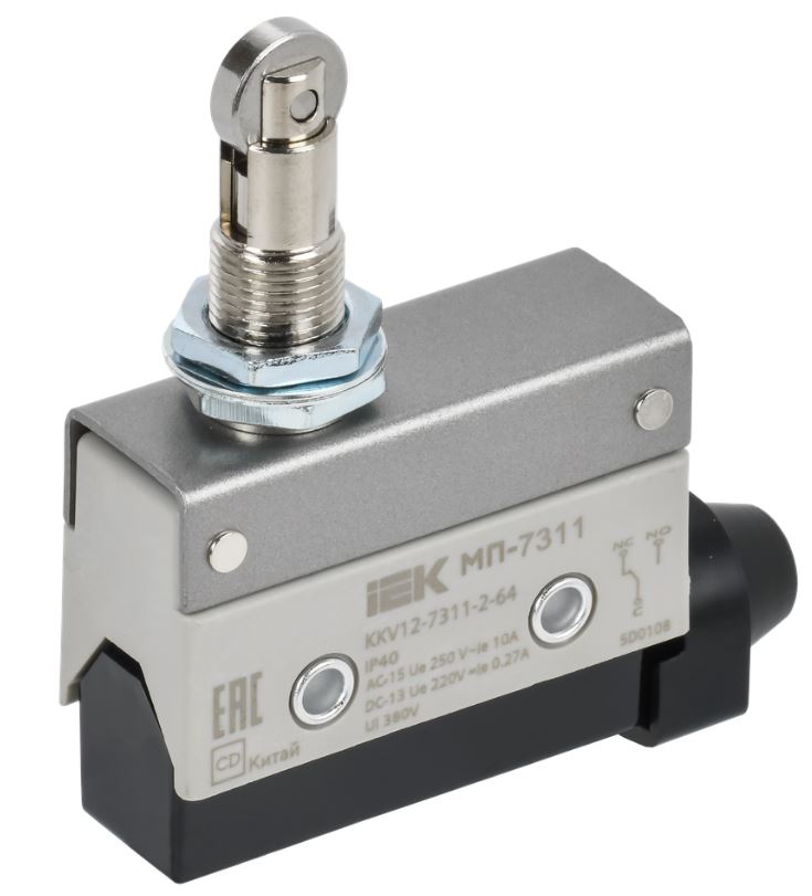 

Микропереключатель концевой IEK KKV12-7311-2-64 МП-7311 горизонтальный толкатель с нажимным роликом резьбовое крепление IP40, KKV12-7311-2-64