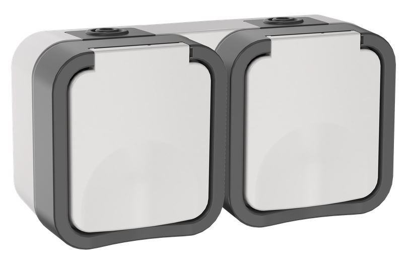 

Розетка двухместная с заземлением IEK TS-R26-16-55-G-K41 TORS горизонтальная, с крышкой 16А IP55 TS222, серо-белый, TS-R26-16-55-G-K41