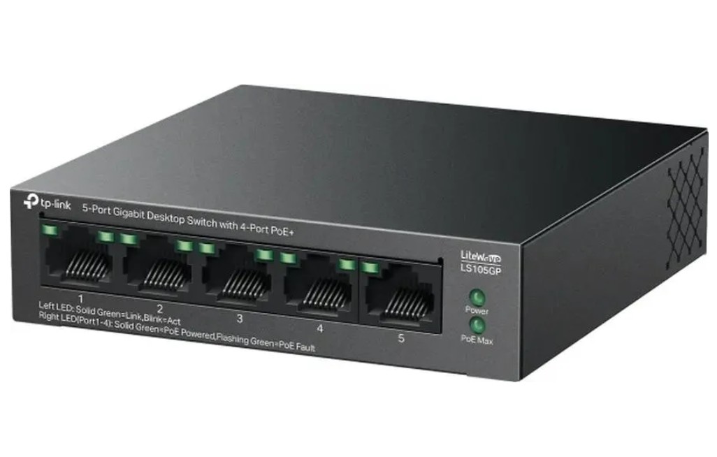 

Коммутатор неуправляемый TP-LINK LS105GP 5x10/100/1000BASE-T, металл.корпус, настольный (4 порта PoE+), 802.3af/at, бюджет PoE-65 Вт, до 250 м., LS105GP