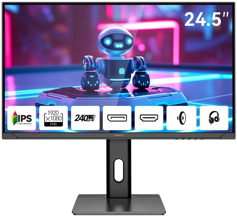 

Монитор 24,5" AIWA MD2510 1920x1080, 16:9, IPS, 350 cd/m, 1000:1, 1 ms, 178°/178°, 240Hz, 2*HDMI, 2*DP, Spk, Pivot, Black, MD2510