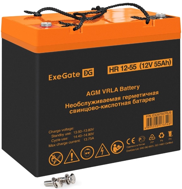 

Батарея аккумуляторная Exegate HR 12-55 EX297557RUS (12V 55Ah, болт М6), HR 12-55