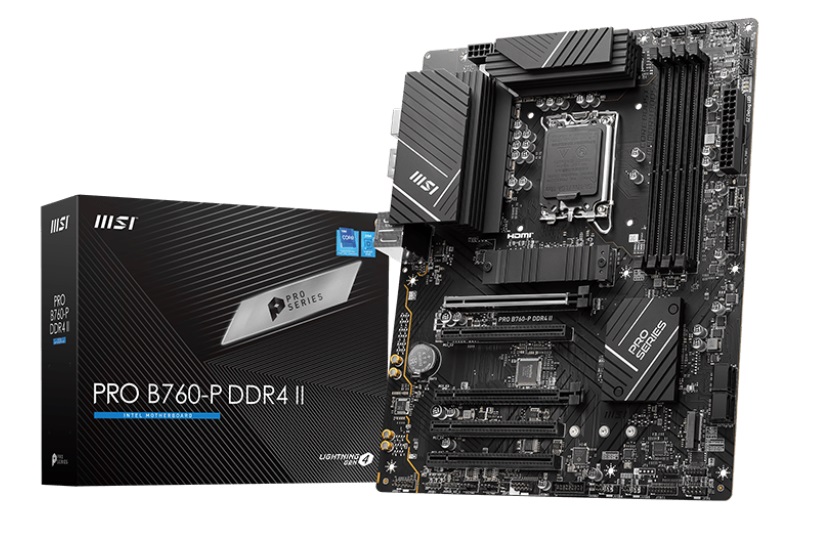 

Материнская плата ATX MSI PRO B760-P DDR4 II (LGA1700, Intel B760, 4*DDR4(5333), 4*SATA 6G RAID, 2*M.2, 5*PCIe, 2.5Glan, DP, HDMI, 2*USB3.0, 2*USB 2.0, PRO B760-P DDR4 II