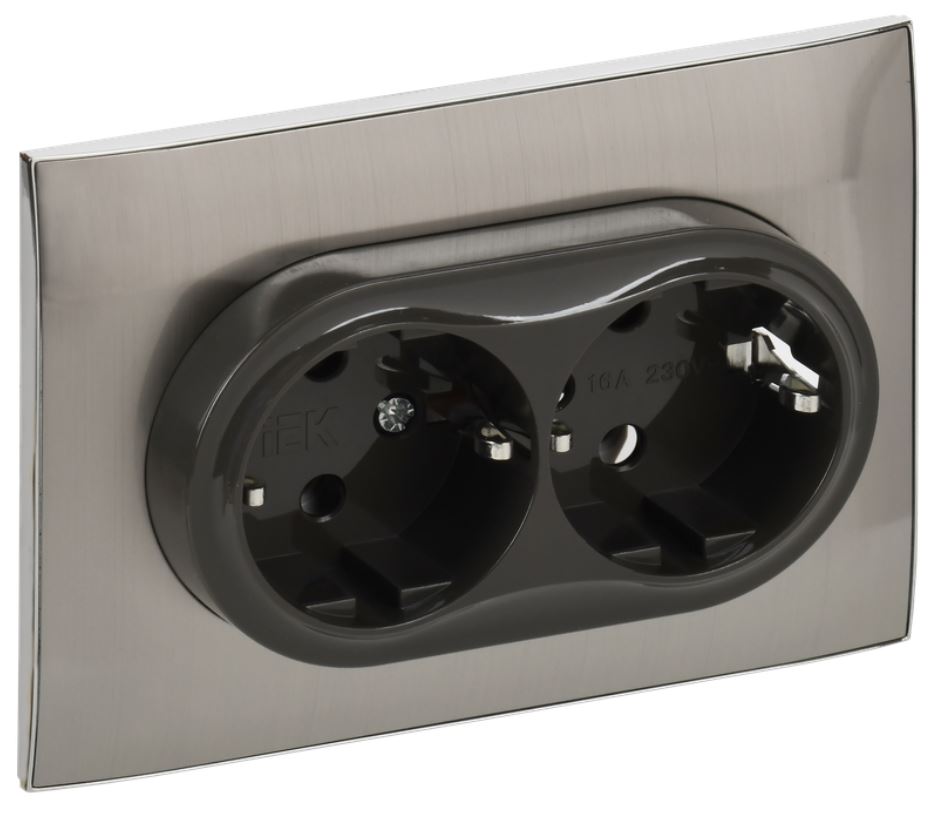 

Розетка двухместная с заземлением IEK SK-R21-16-K50-F SKANDY без защитных шторок 16А в сборе SK-R08N металл никель, SK-R21-16-K50-F