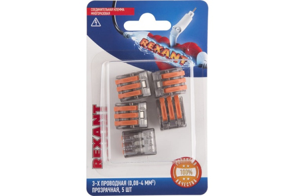 Изображение товара Клемма Rexant 06-0204-B5 3-проводная с рычажком для медных проводов 0.08-4 мм2