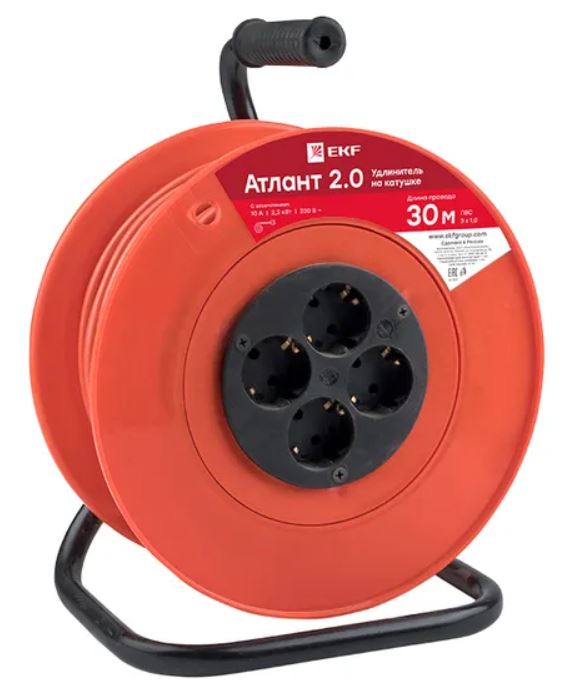 

Удлинитель на катушке EKF UKA02-10-310-4-30 "Атлант 2.0" 4 гнезда 30м с заземлением ПВС 3*1,0 10А/2,2кВт PROxima, UKA02-10-310-4-30
