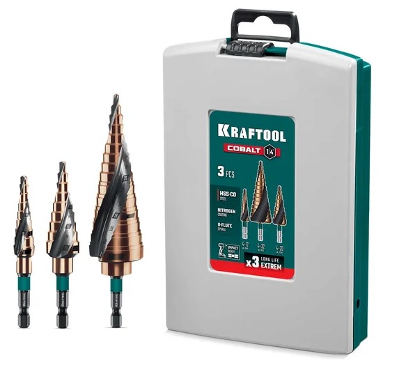 

Набор сверл Kraftool Cobalt 29691-4-32-H3 Kraftool ступенчатых 3шт., 4-32мм., Cobalt