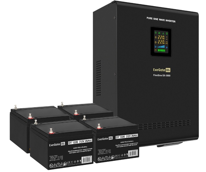 

Комплект Exegate FineSine SX-3000.LCD.AVR.2SH.T EX296631RUS ИБП EX296003RUS + батарея 26Aч EX282970RUS 4шт (инвертор, синус, для котла, настенный) 300, FineSine SX-3000.LCD.AVR.2SH.T