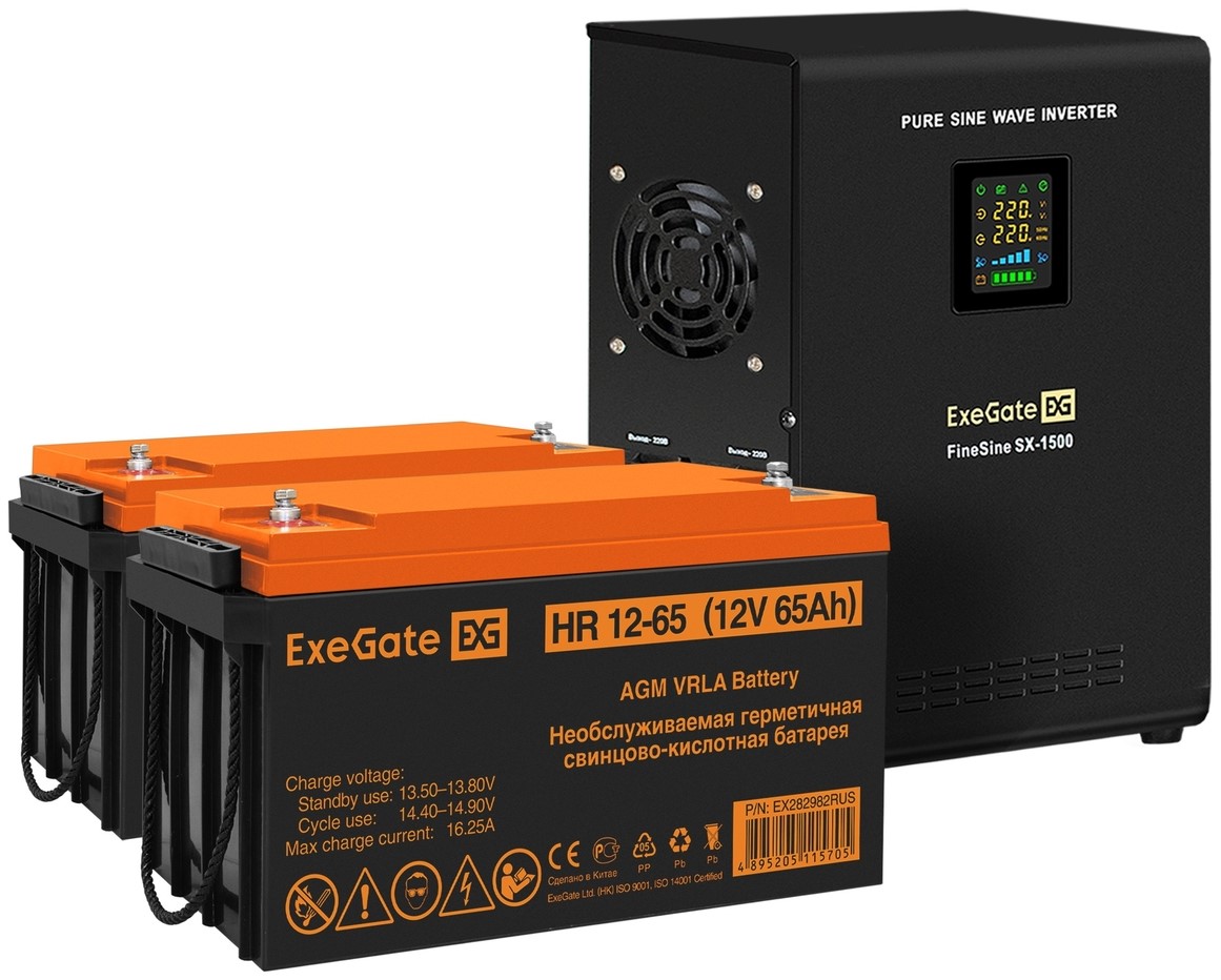 

Комплект Exegate FineSine SX-1500.LCD.AVR.2SH EX296572RUS ИБП EX295998RUS + батарея 65Aч EX282982RUS 2шт (инвертор, синус, для котла, настенный) 1500V, FineSine SX-1500.LCD.AVR.2SH