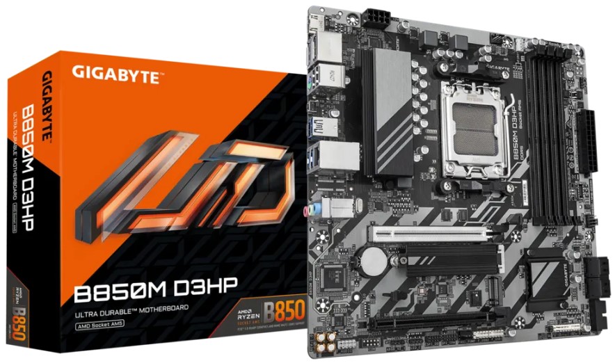 

Материнская плата mATX GIGABYTE B850M D3HP (AM5, AMD B850, 4*DDR5, PCIe, 2*M.2, 4*SATA, 2*USB 2.0, USB 3.2, USB Type-C, HDMI, 2*DP), B850M D3HP