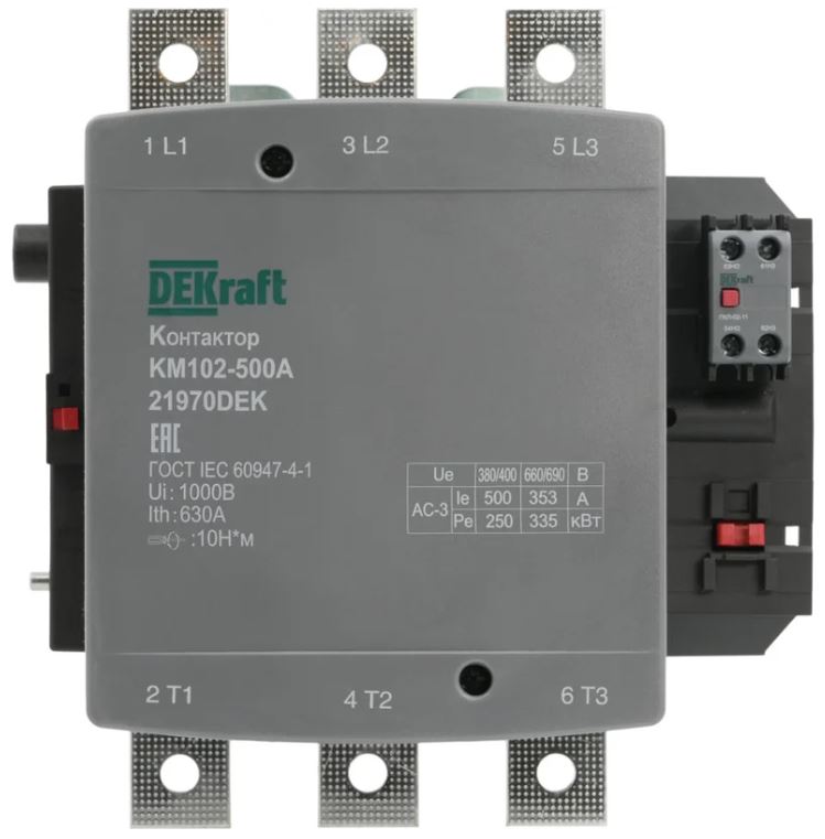 

Контактор DEKraft 21970DEK 500А 220В_АС АС3_ АС4 1НО+1НЗ КМ-102, 21970DEK