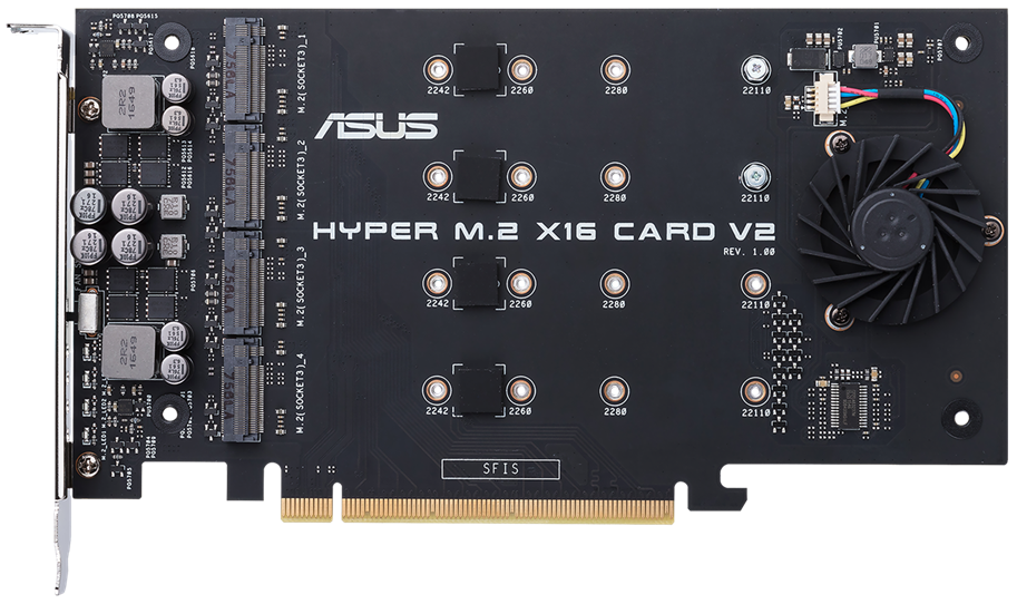 

Адаптер ASUS HYPER M.2 X16 CARD V2 для создания массивов RAID 1/0, до 4 SSD NVMe M.2 (2242, 2260, 2280, 22110), PCIe 3.0 x16, HYPER M.2 X16 CARD V2