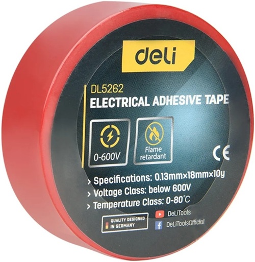

Изолента Deli DL5262 красная, 0,13мм x 18мм x 9,15м, напряжение до 600В, температурный диапазон 0-80 грд., ПВХ, DL5262
