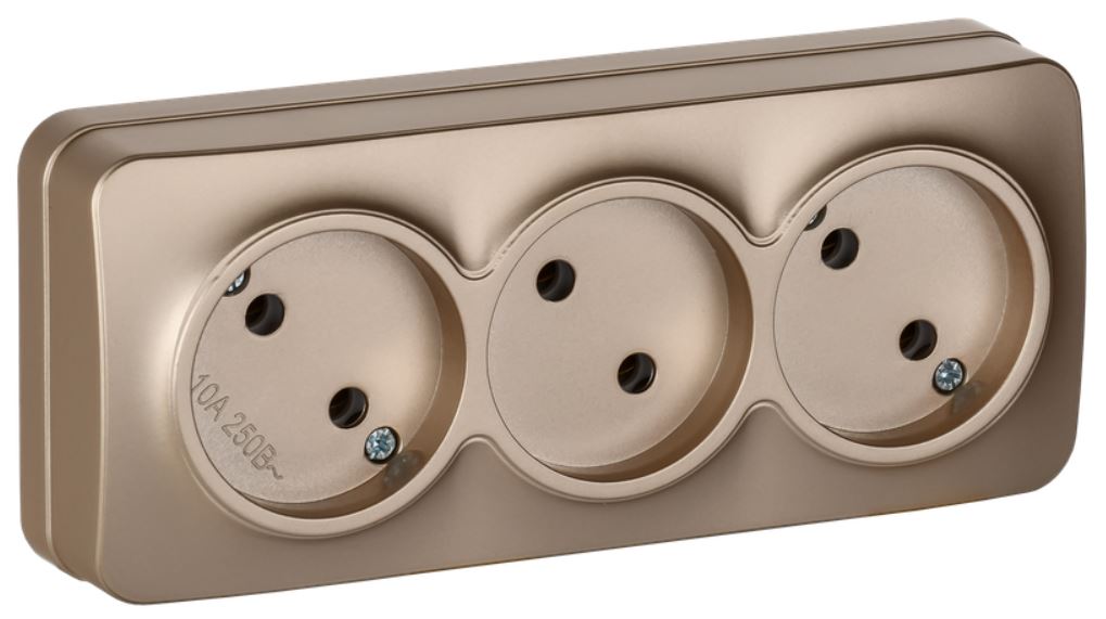 

Розетка без заземления IEK ERH30-K37M-10 GLORY 3-местная для открытой установки без защитных шторок 10А РС23-2-ХШм шампань матовый, ERH30-K37M-10