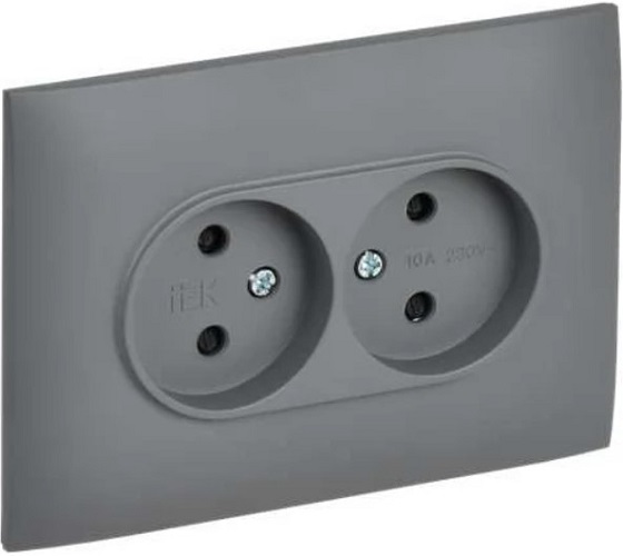 

Розетка двухместная без заземления в сборе IEK SK-R23-10-K03-F SKANDY с защитными шторками 10А SK-R09Gr серая, SK-R23-10-K03-F