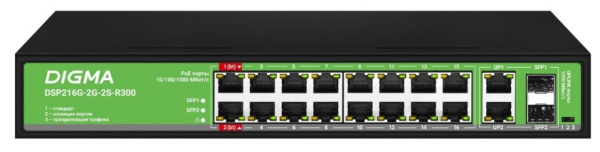 Изображение товара Коммутатор Digma DSP216G-2G-2S-R300 для локальных сетей с PoE и высокой производительностью