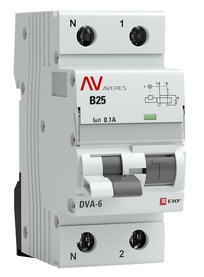 

Автомат дифференциальный EKF rcbo6-1pn-25B-100-ac-av DVA-6 1P+N 25А (B) 100мА (AC) 6кА AVERES, rcbo6-1pn-25B-100-ac-av