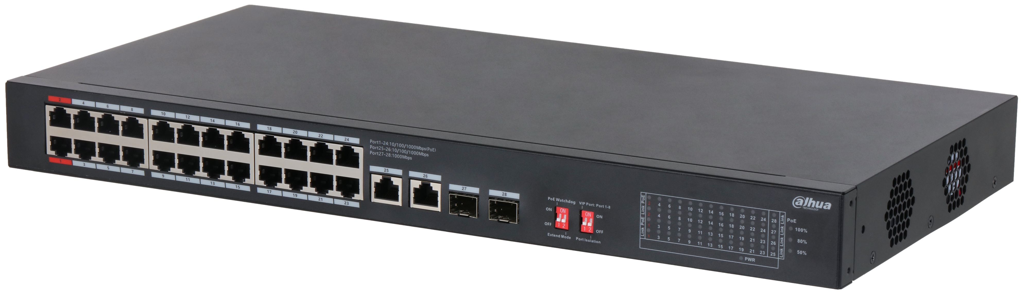 

Коммутатор Dahua DH-S3228-24GT-240 24-портовый неуправляемый гигабитный с PoE, уровень L2, DH-S3228-24GT-240