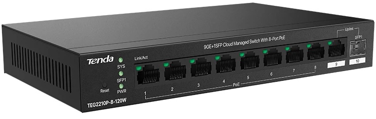 

Коммутатор управляемый Tenda TEG2210P-8-120W PoE, 10 портов, 9x1 Гбит/с, SFP 1x1 Гбит/с, PoE 8x30Вт (до 110 Вт), TEG2210P-8-120W
