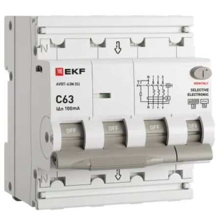 

Автомат дифференциальный EKF D63N46ES63C100 АВДТ-63N 3P+N (S) 63А характеристика C 100мА тип AC электронный селективный 6кА PROXIMA, D63N46ES63C100