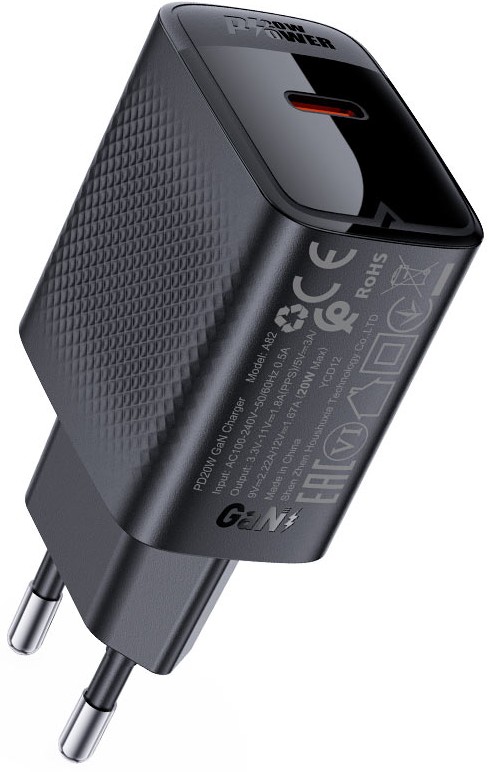 

Зарядное устройство сетевое ACEFAST A82 PD20W GaN single USB-C charger с зарядным кабелем USB-C- USB-C (EU). Цвет: черный, A82