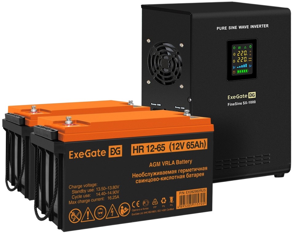 

Комплект Exegate FineSine SX-1000.LCD.AVR.2SH EX296549RUS ИБП EX295997RUS + батарея 65Aч EX282982RUS 1шт (инвертор, синус, для котла, настенный) 1000V, FineSine SX-1000.LCD.AVR.2SH