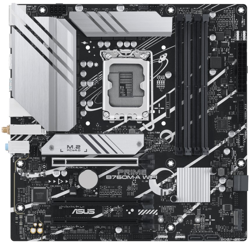 

Материнская плата mATX ASUS PRIME B760M-A WIFI 90MB1EL0-M1EAY0 (LGA1700, B760, 4*DDR5 (7200), 4*SATA 6G RAID, 2*M.2, 3*PCIE, 2.5Glan, WiFi, BT, 2*HDMI, PRIME B760M-A WIFI