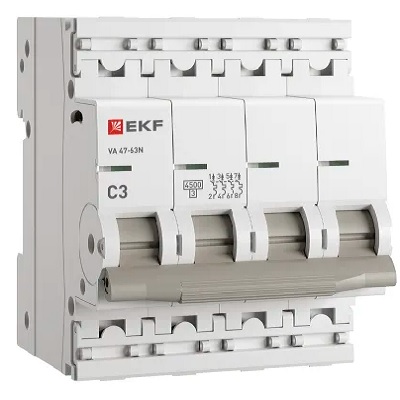

Автоматический выключатель EKF M634403C 4P 3А (C) 4,5kA ВА 47-63N PROxima, M634403C