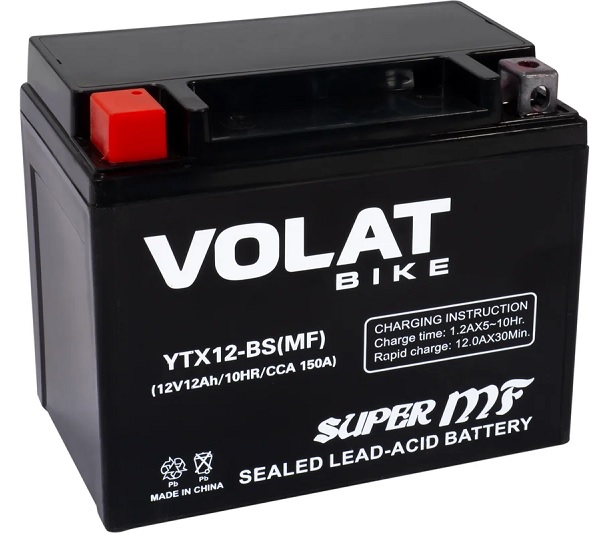 Батарея VOLAT YTX12-BS(MF)Volat (12 Ач, 12 V) Прямая, L+ 150x87x130 (для мототехники)