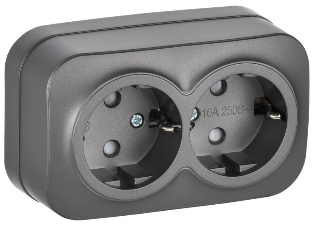 

Розетка двухместная с заземлением IEK ERH24-K46M-16 GLORY для открытой установки с защитными шторками 16А РСш22-3-ХСм сталь матовый, ERH24-K46M-16