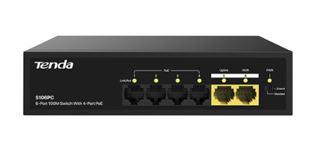 

Коммутатор неуправляемый Tenda S106PC PoE, 6 портов, 5x100 Мбит/с, PoE 4х до 30 Вт, настольный, S106PC