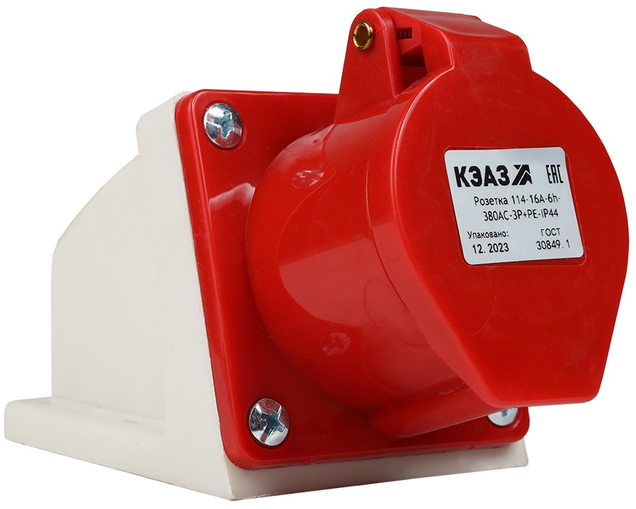 

Розетка КЭАЗ 222754 114-16А-6h-380AC-3P+PE-IP44 для монтажа на поверхность, 222754