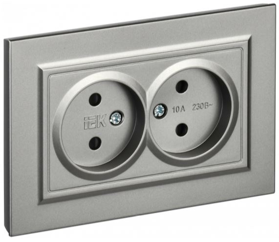 

Розетка двухместная без заземления в сборе IEK BR-R23-10-K46-F BRITE с защитными шторками 10А РСш12-2-БрС Сталь, BR-R23-10-K46-F