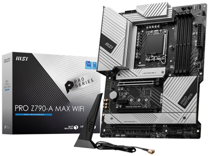 

Материнская плата ATX MSI PRO Z790-A MAX WIFI (LGA1700, Z790, 4*DDR5 (7800), 6*SATA 6G RAID, 4*M.2, 4*PCIE, 2.5Glan, WiFi, BT, HDMI, DP, USB Type-C, 5, PRO Z790-A MAX WIFI