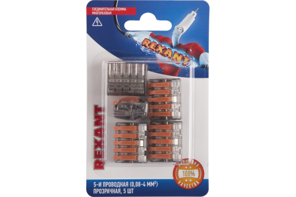 Изображение товара Клемма Rexant 06-0205-B5 5-проводная соединительная прозрачная рычажная 0,08-4 мм2