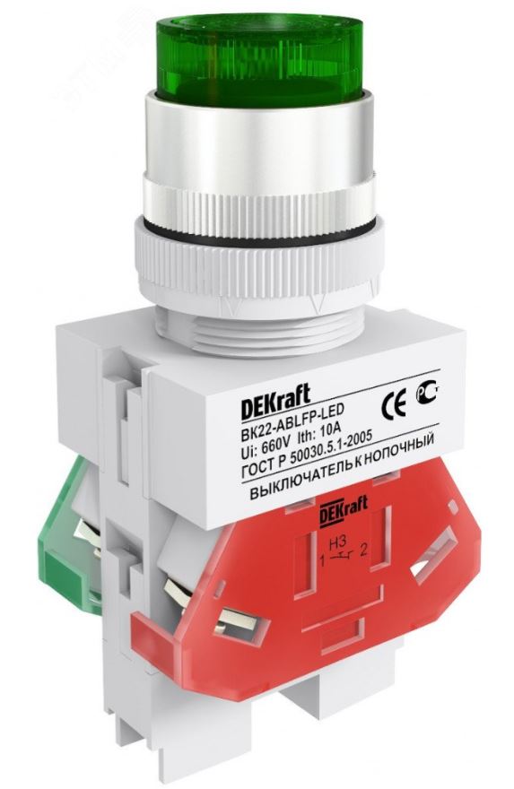 

Выключатель DEKraft 25026DEK ВK-22 кнопочный ABLFP D=22мм LED 220В зеленый, 25026DEK