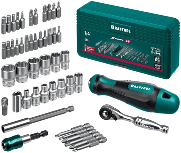 

Набор бит Kraftool X-Drive 25816 Kraftool и головок с битодержателем и трещоткой 49шт., X-Drive