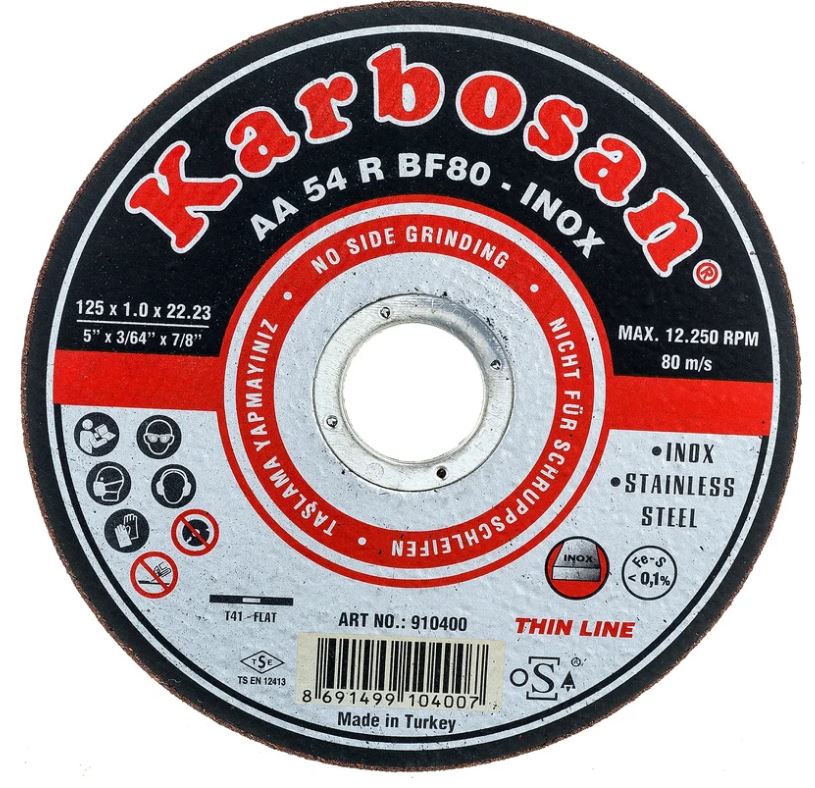 

Диск отрезной ООО САМ KAR-910400 Karbosan по нержавеющей стали 125х1х22 INOX, KAR-910400