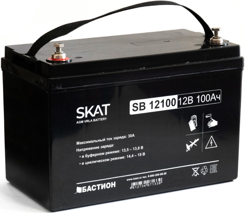 

Аккумулятор Бастион SKAT SB 12100 свинцово-кислотный тип AGM 12V 100Ач Iзар.30А, клеммы под болт М6, SKAT SB 12100