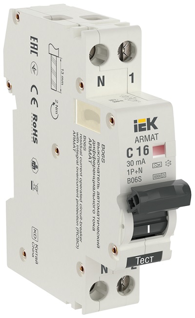 

Автоматический выключатель дифф. тока (АВДТ) IEK AR-B06S-1N-C16A030 ARMAT B06S 1P+NP C16 30мА тип A (18мм), AR-B06S-1N-C16A030
