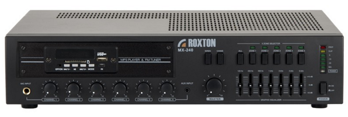 

Усилитель Roxton MX-240 комбинированный 240 Вт, 3 микр.+ 3 унив. входа, 5 зон, работа с RM-05, MX-240