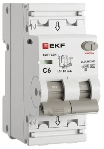 

Автомат дифференциальный EKF D63N26EA6C10 АВДТ-63N 1P+N 6А (C) 10мА (A) эл 6кА PROXIMA, D63N26EA6C10