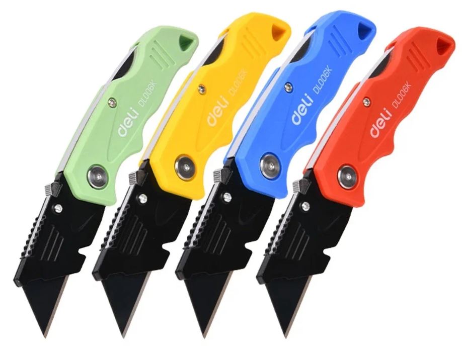 

Набор Deli DL006K-4 (4 шт) строительных складных ножей с Т-образным лезвием в комплекте 10 лезвий, сталь SK5, пластиковая рукоятка, DL006K-4